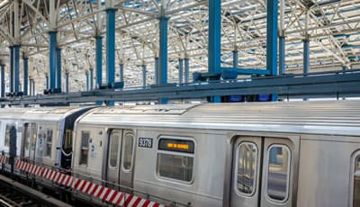 Armazón de acero estructural y vagones de Metro en estación de transporte colectivo