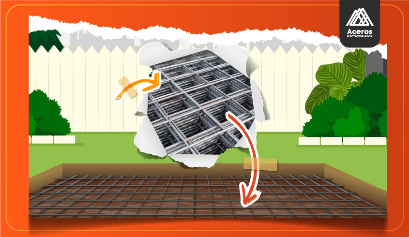 Gráfico de entramado de acero de refuerzo sobre base de excavación compactada - Concreto estampado