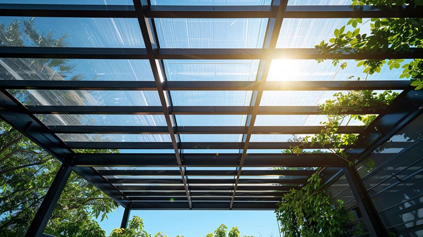 Techo de una terraza elaborado con perfiles metálicos de herrería sin cubierta