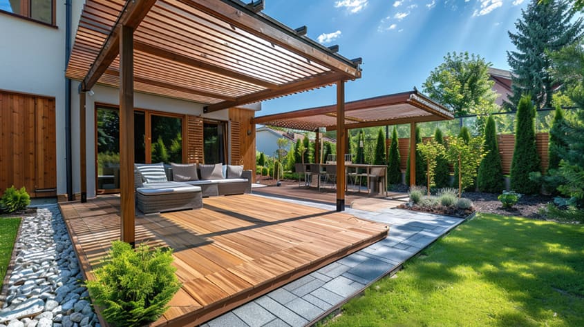 Techo para terraza con estructura y cubierta de madera en una casa de campo